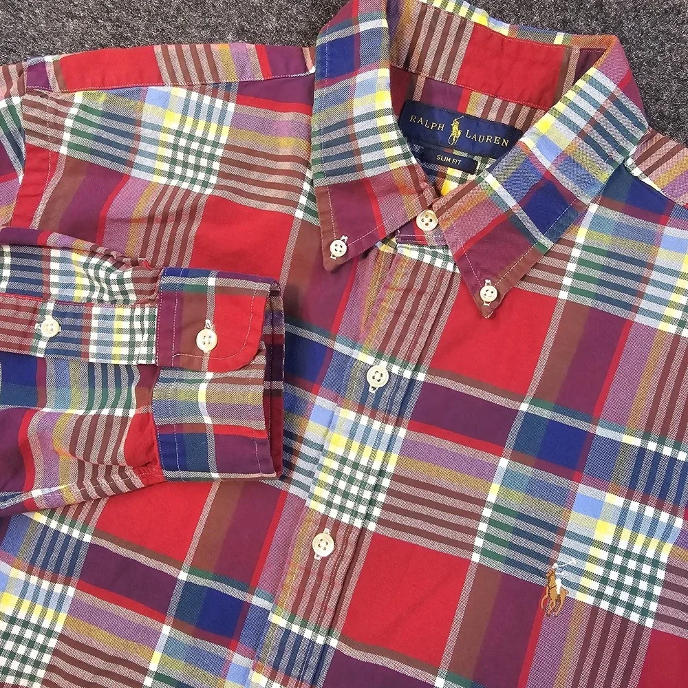 Ralph Lauren Slim Fit Madras Patchwork Plaid Button Down Shirt Mens Large Cotton